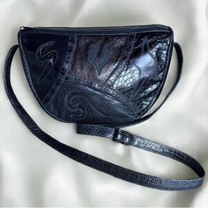 SHARIF Vintage Leather Shoulder Bag Black Brown Reptile Snake Skin Design Retro